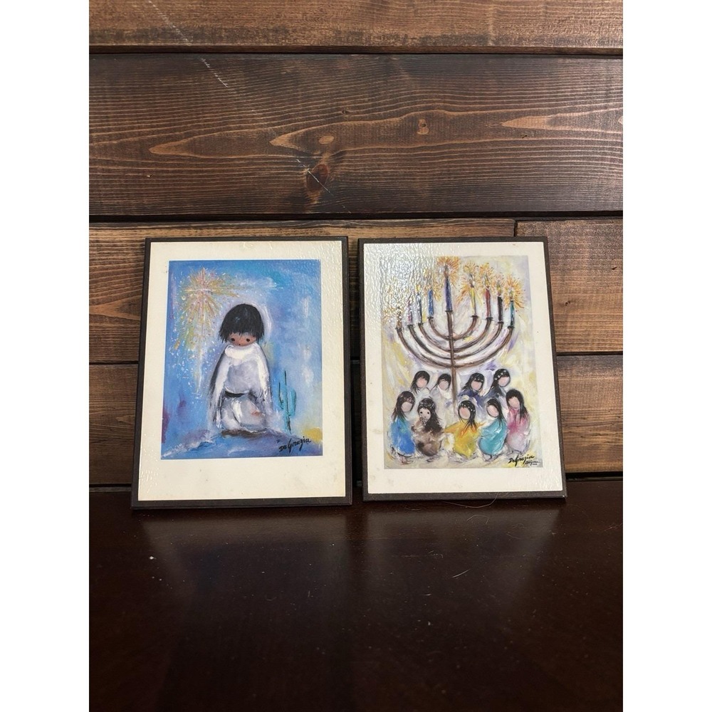 Vintage Ted DeGrazia Blue Boy Hanukkah Wood Plaques Pair Arizona Judaica